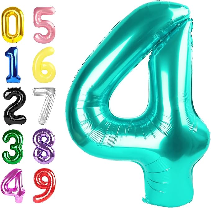 4 Birthday Balloons, 40 Inch 4 Balloons for Birthday Party Decoration, Blue-Green Number 4 Ballon for 4, 14, 24, 40 Celebration, Birthdays, Christmas, Anniversary Decor