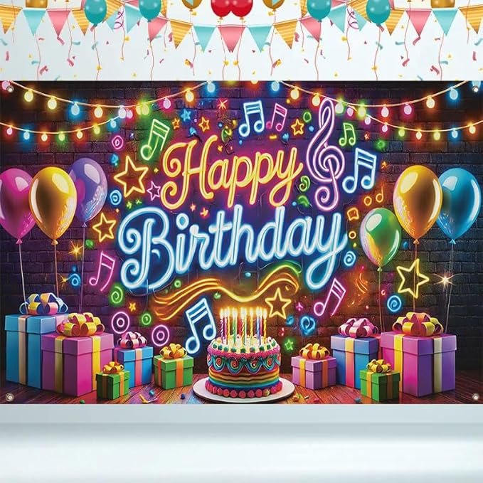 Happy Birthday Banner Backdrop, 71x43 In,Neon Music Theme Birthday Party Decorations with Balloons Cake Gifts, Colorful Brick Wall Background for Boys Girls Kids Birthday Photo Booth Supplies