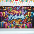 Happy Birthday Banner Backdrop, 71x43 In,Neon Music Theme Birthday Party Decorations with Balloons Cake Gifts, Colorful Brick Wall Background for Boys Girls Kids Birthday Photo Booth Supplies