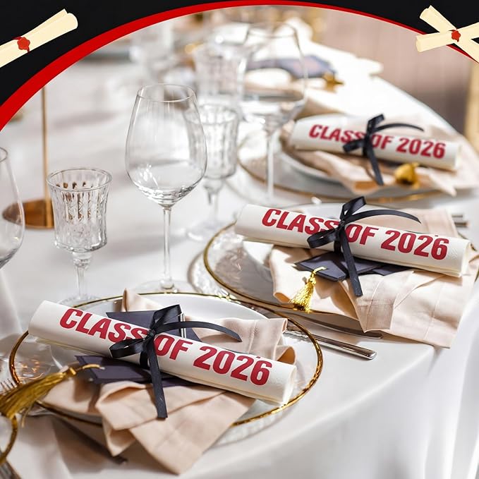 100 Set Graduation Class of 2026 Guest Red and White Napkins Black Rolled Silverware Disposable Grad Award Dinner Napkin with Ribbon and Scissors for Celebration