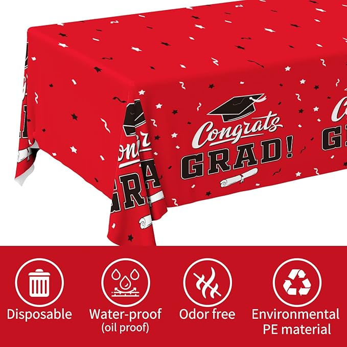 Gatherfun Graduation Party Decorations, Gongrats Grad Tablecover for Graduation Party Supplies, 3 pcs Class Red Table Cloths, 54"x108"
