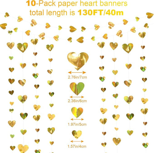 10 Pack 130ft Champagne-Gold Holographic Heart Party Garland Asymmetrical Love Hanging Banners for Birthday Wedding Engagement Bachelorette Neutral Baby Bridal Shower Decorations