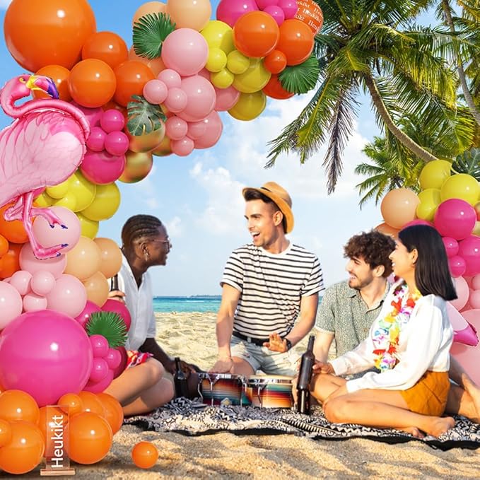 Tropical Flamingo Balloons Arch Garland Kit, 159Pcs Hot Pink Yellow Orange Latex Balloons with Flamingo Foil Balloon for Hawaiian Luau Summer Beach Birthday Party Supplies