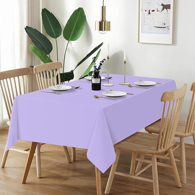 QIKSION Lavender Plastic Table Cloth Disposable 2 Pack, 54 x 108 Inch Tablecloths for Birthday Party Supplies, Easter Decorations, Light Purple, Pastel, Lilac Rectangle Table Cover