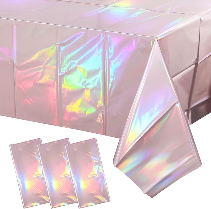 3 Pack Iridescent Light Pink Tablecloth for Parties, Pastel Pink Holographic Plastic Table Cover, Disposable Laser Baby Pink Table Cloth for Birthday Wedding Baby Shower Party Decorations, 54x108 Inch
