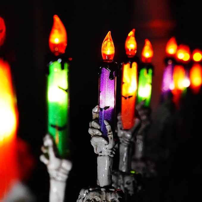 Hourleey Halloween Decorations, 10 Pack Skull Candle Lights with Stakes, Battery Operated Waterproof Pathway Decor with Timer for Indoor Outdoor Front Pathway Lawn Yard Garden