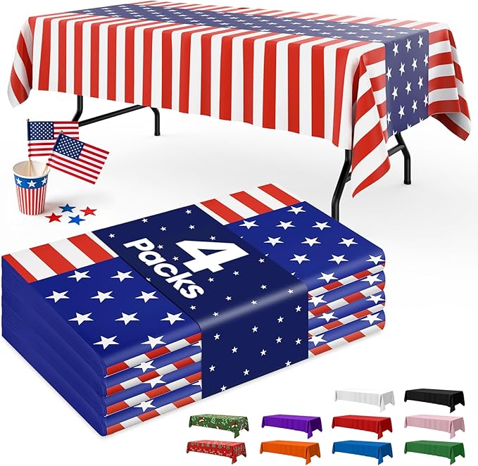 American Flag Plastic Table Cloth - 4 Pack 54" × 108" Rectangle Disposable Tablecloths for 6FT Tables, Table Cover for Party, Holiday & Gathering Use