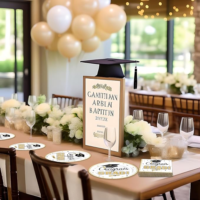 2026 Graduation Party Decorations Set - 200Pcs White Gold Class of 2026 Graduation Plates and Napkins Disposable Tableware for College High School Congrats Graduation Party Supplies, Serves 50