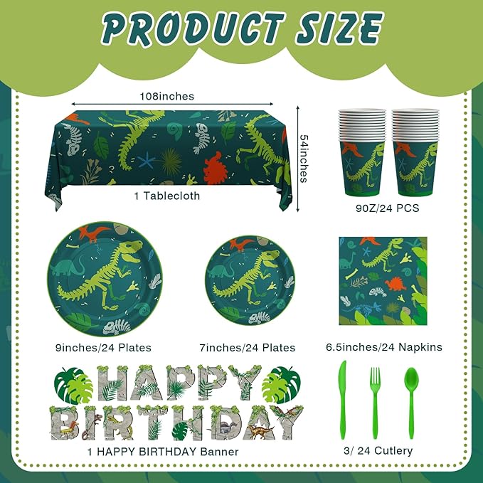 Dinosaur Birthday Decorations, 170 Pcs Dinosaur Party Supplies Including Banner, Plates, Cups, Napkins, Cutlery and Tablecloths, Serves 24