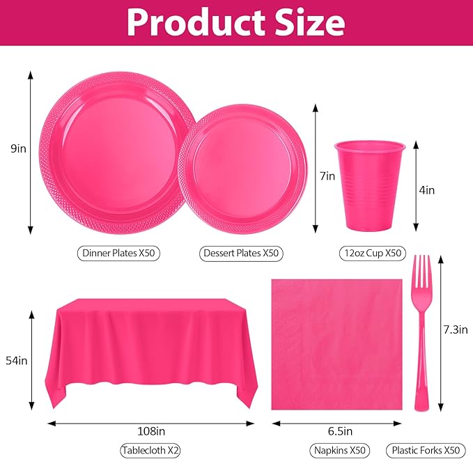 Hot Pink Plastic Plates for Party,50 Guest Disposable Plastic Plate Set 9" Plates,7" Dessert Plate,Napkins,Cups,Forks & Tablecloth for Girls Women,Summer Party,Birthday