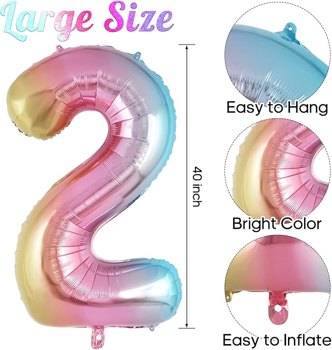 Rainbow Gradient Number 2 Balloon, 40 Inch Big Large Foil Number Balloons, Jumbo Mylar Number 2 Balloons for 2 Second Birthday Party Decorations Supplies Anniversary Celebration