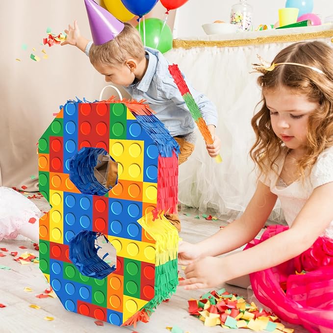 Number 8 Pinata Building Blocks 8th Birthday Party Decorations with Pinata Stick Blindfold for Kids Happy Birthday Building Block Theme Party Supplies (Small, 16 x 10.6 x 3 In)