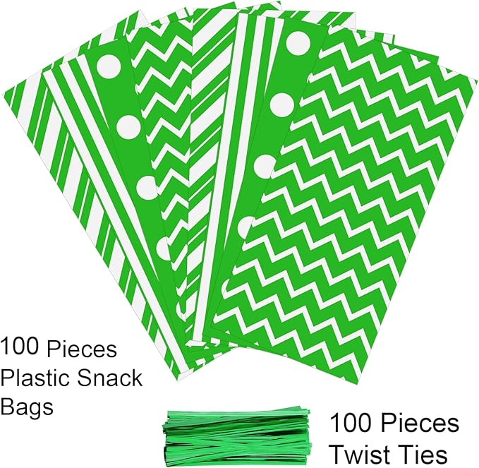 Aneco 100 Pack Green and White Cellophane Bags 10.6 x 5.1 Inch Plastic Candy Bags Gift Bag Goodie Bag with Twist Ties for Valentine, Birthday, Gift Cookie Snack Packing Party Favor Supplies