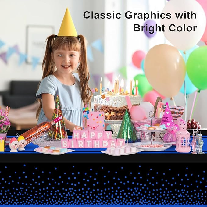 6 Pack Black and Blue Tablecloth Party Decorations Plastic Black Tablecloth Printed Blue Table Runner 54 x108 Inch Disposable Rectangle Table Cover for Birthday Wedding Graduation