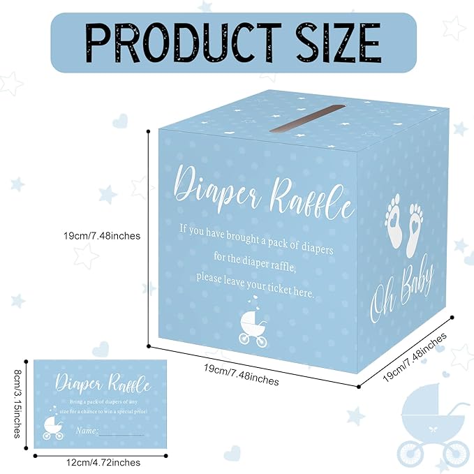 Funrous 51 Diaper Raffle Tickets with Box for Baby Shower Game Invitations Diaper Raffle Card for Gender Reveal Baby Shower Party Decoration Table Centerpiece(Lake Blue)