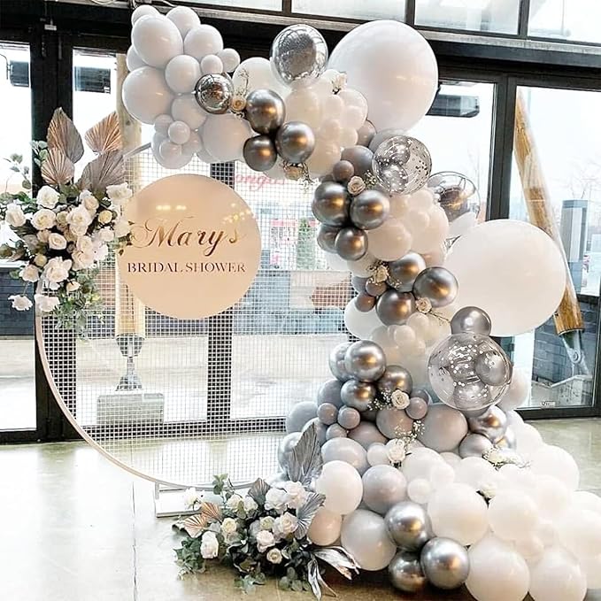 White and Silver Balloon Arch Kit, 140Pcs White Metallic Silver and Silver Confetti Party Balloon Garland Kit for Birthday, Wedding, Engagements, Baby Shower, Anniversary Party Decorations