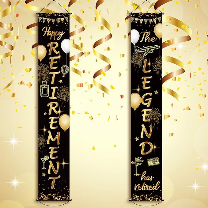 Boao Retirement Porch Sign Door Hanging Banner, Retirement Banner the Legend Fabric Door Sign Background for Retire Party Decoration Supplies, 71 x 12 Inches(Black and Gold)
