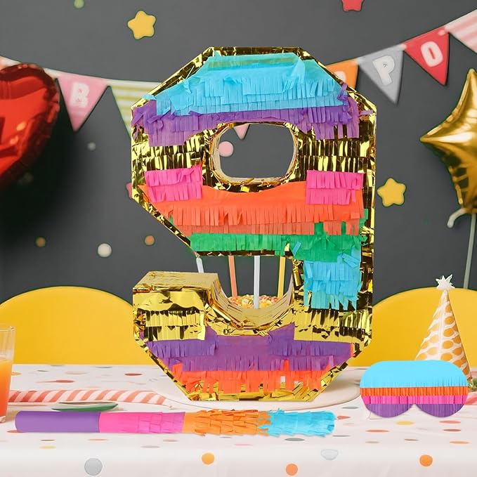 Rainbow Number 9 Pinata Birthday Decorations for Kids, Rainbow Pinata with Bat Stick Blindfold for Boys Girls 9th Birthday Celebrations Baby Shower Party Supplies (16.14x10.6x2.95 Inches)