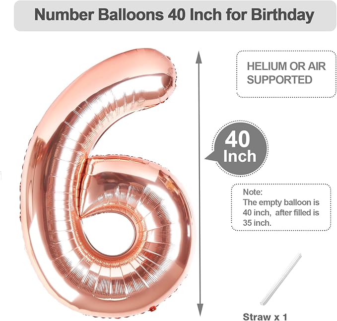 40 Inch Number Balloons, Rose Gold Balloons for Woman Man 16th Birthday Party Decoration, Foil Number 16 Ballon for 16, 61 Anniversary, Bridal Shower, Graduation, Wedding, Valentine's Day