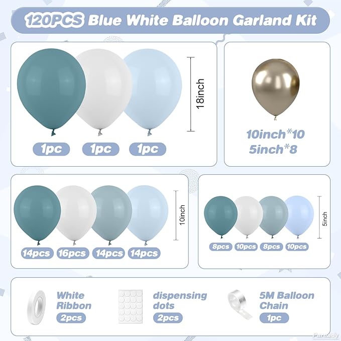 Dusty Blue Balloon Arch Kit, 120pcs Blue White Balloon Garland Kit, Metallic Sand Gold Balloons Different Sizes For Baby Shower Birthday Engagement Party Wedding Bachelorette Bridal Shower Decor