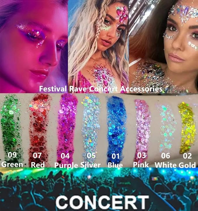 Go Ho Red and White Body Glitter Set,Singer Concerts Face Glitter Gel Makeup,Holographic Long Lasting Chunky Sequins Glitters for Eye Lip Hair Nails,Festival Rave Accessories,Red&White