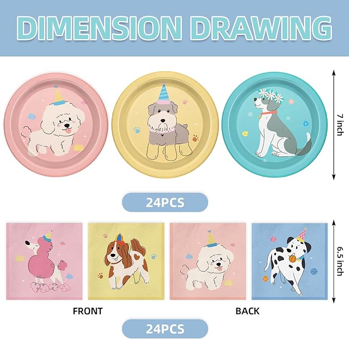 48Pcs Pet Dog Birthday Party Plates and Napkins for Kids Baby Shower Tableware Pet Dog Supplies Retro Puppy Birthday Party Decorations