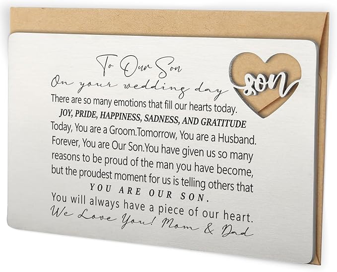 YODOCAMP To Our Son Wedding Day Wallet Insert from Parents, Stainless Steel Laser-Engraved Postcard with Heart Cutout, Groom Gift for Son, Emotional Wedding Keepsake for Groom and Husband QBK07