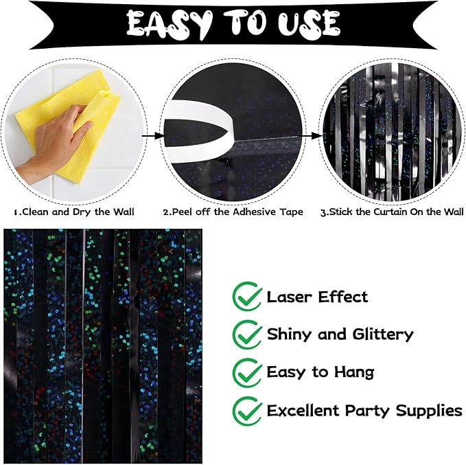 Black Tinsel Foil Fringe Curtain Backdrop, 3.3 x 8.2 ft Metallic Glitter Curtain Streamers, 2 Pack Black Photoboth for Birthday Halloween Bachelorette Party Decorations Photo Booth