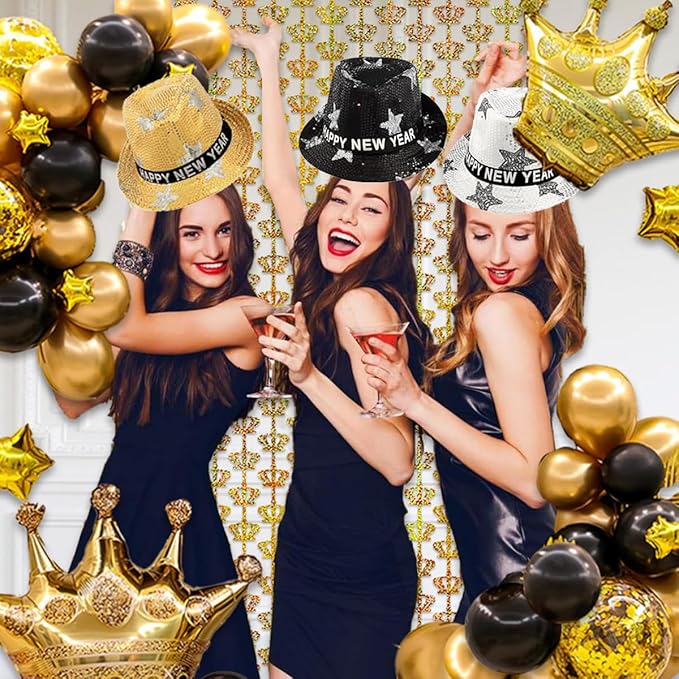 9 Pack New Year Hat Fedora Hats New Years Hats New Year Eve Sequin Hat Gold Black Silver Happy New Year Hat for Adults Men and Women Christmas New Year Party Decorations