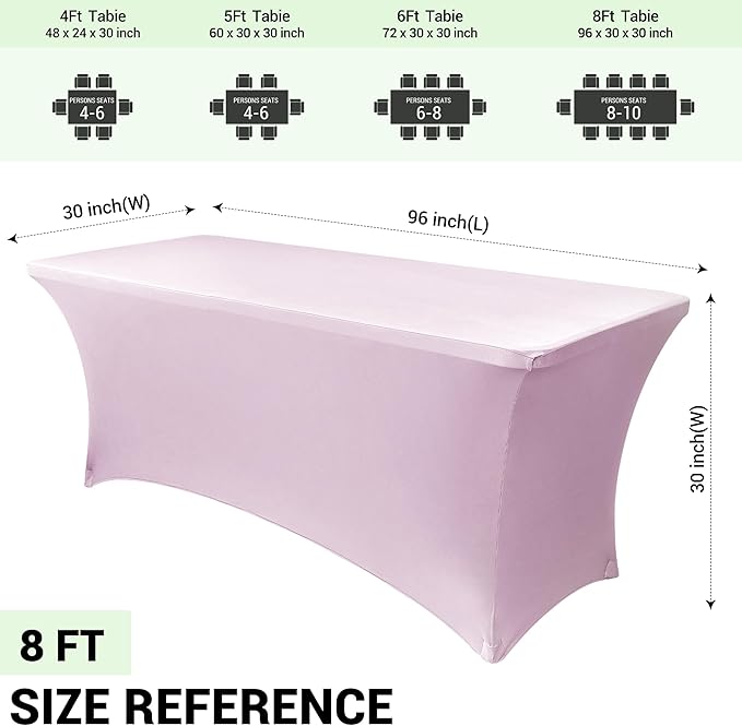 Obstal 6 Pack Stretch Spandex Table Covers for 8 Foot Tables - 8 FT Universal Rectangular Fitted Tablecloth Protector for Wedding, Banquet, Party (Pink, 96 Length x 30 Width x 30 Height Inches)
