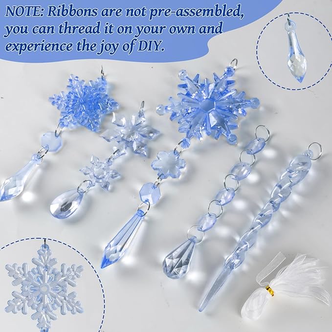 18pcs Crystal Christmas Ornaments for Christmas Tree Decorations-Dark Blue and Light Blue Hanging Acrylic Snowflake and Icicle Ornaments with Drop Pendants for New Year Party Decorations Supplies