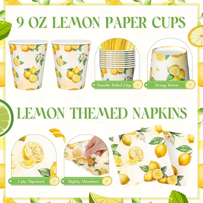 Honeydak 210 Pcs Lemon Party Decorations Summer Lemon Birthday Party Supplies Plates Napkins and Forks Tableware for Yellow Baby Shower Bridal Shower
