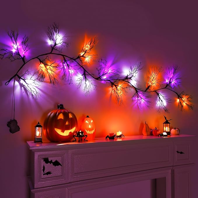 Joyhalo Halloween Garland with Lights Decorations with Pumpkin & Bat & Ghost Lights,Battery Operated 6FT 45 LED Halloween Willow Vine Twig Garland for Mantle,Wall,Fireplace and Halloween Decorations