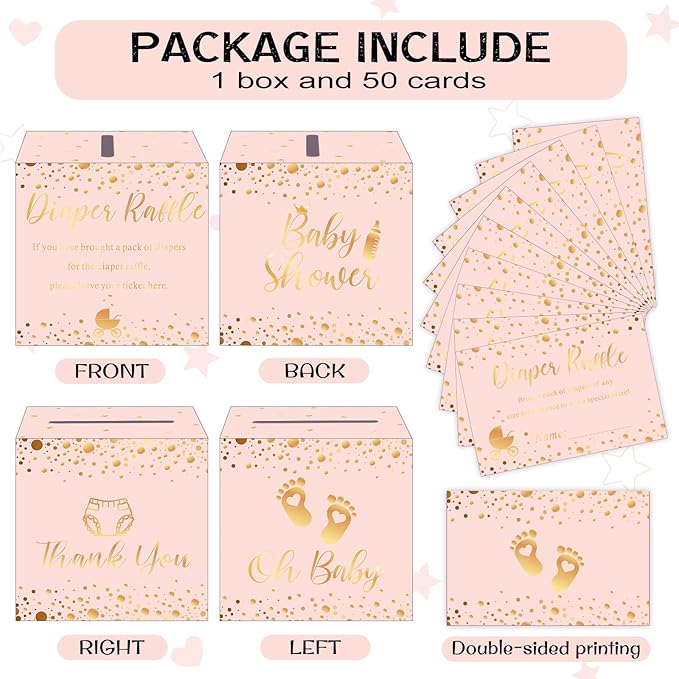 Funrous 51 Diaper Raffle Tickets with Box for Baby Shower Game Invitations Diaper Raffle Card for Gender Reveal Baby Shower Party Decoration Table Centerpiece(Rose Gold)
