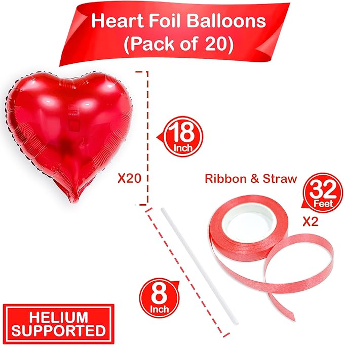 Red Heart Balloons, 20 Pcs18 Inch Heart Shape Foil Balloons Love Balloons for Valentines Day Decorations, Galentines Balloons for Birthday Wedding Anniversary Party Decors