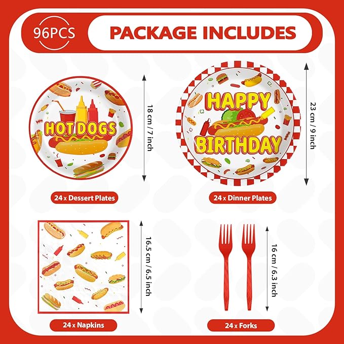 Grencian 96Pcs Hot Dog Birthday Party Supplies Fast Food Party Plates and Napkins Disposable Hotdog Birthday Decorations Tableware Set for Picnic Baby Shower Sausage Summer BBQ Serves 24