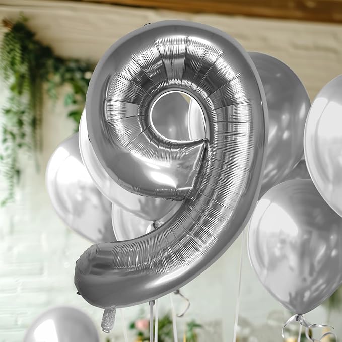 40 Inch Large Silver Number Celebration and Decoration Balloon for Birthday Parties, Graduations, Anniversaries, Weddings, Photo Shoots, Special Events - Helium Foil (Silver Number 9)