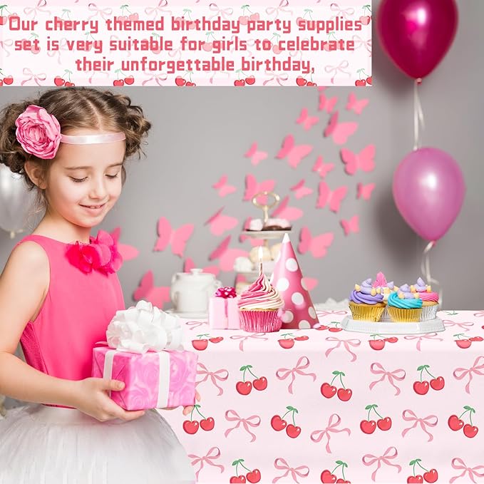 Bow Table Cloth,2 PCS Cherry Tableclothes,Pink Bow Waterproof Disposable Plastic Tablecovers for Birthday Bridal/Baby Shower Cherry-Themed Party Decor