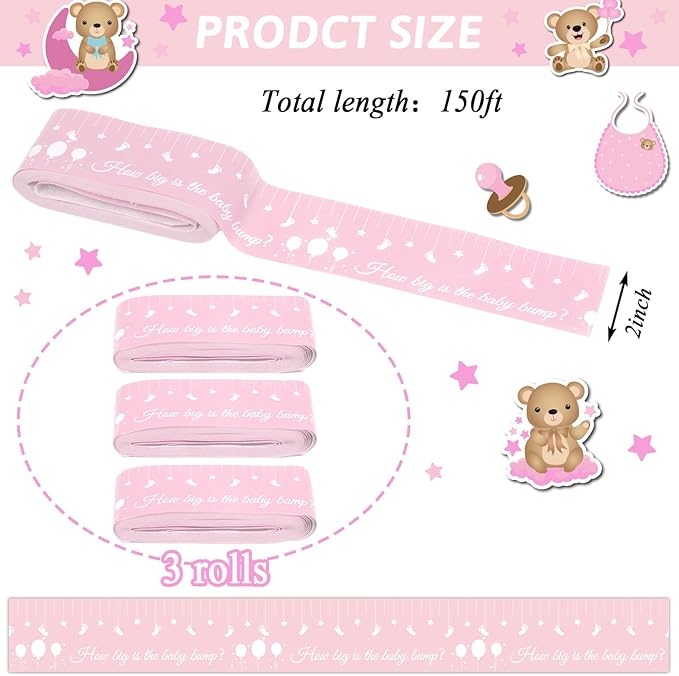 Baby Shower Games for Gender Neutral How Big is Mommys Belly Tape 150 feet Measure Baby Bump Tape Measuring Tape Pregnant Belly Bear Baby Shower Tummy Measuring Tape Party Favors Supplies Pink