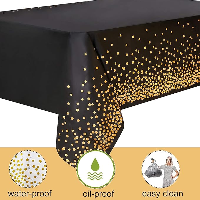 2 Pack Black Plastic Tablecloth Disposable Black and Gold Tablecloth for Rectangle Tables 54" x 108" Party Decorations Birthday Thanksgiving Christmas Valentines Wedding Outdoor BBQ Picnic (Black)