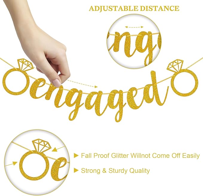 Gold Engagement Party Decorations, MR and MRS Balloons Decor, White Gold Metallic Confetti Balloon, Love Heart and Diamond Ring Foil Balloon with Engaged Banner for Wedding Engagement Party Decoration
