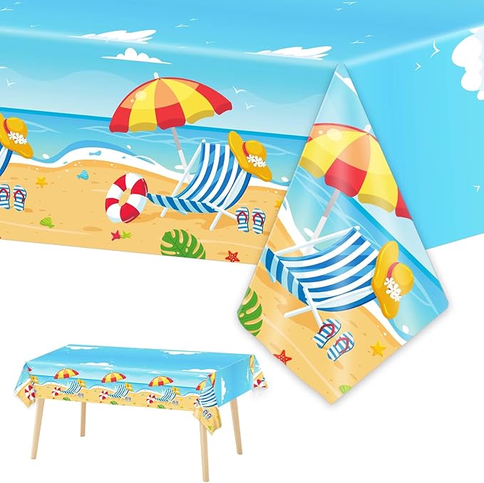 Tevxj 3 Pieces Summer Beach Tablecloths for Hawaiian Decorations Plastic Disposable Pool Surfboard Party Table Covers for Rectangle Tables Birthday Baby Shower Party Supplies Favors, 54 x 108 Inches