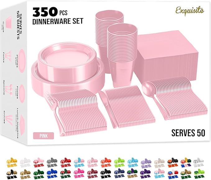 350 Pcs Pink Plastic Plates For Party, Pink Disposable Plates Set, 50 Of Each 9" Dinner Plate Set, 7" Dessert Plate, Cups, Napkins & Cutlery Plastic Dinnerware Set Exquisite