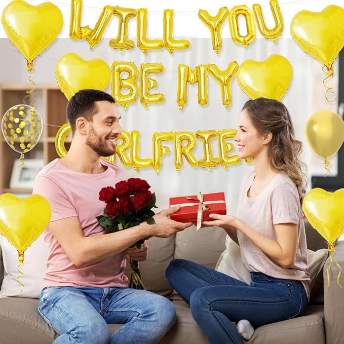 2 Set 16 Inch Will You Be My Girlfriend Balloons Banner, Gold Proposal Letter Balloons with 6 Heart Shaped Balloons for Romantic Decorations, Engagements, Anniversaries, Valentines Day Decor