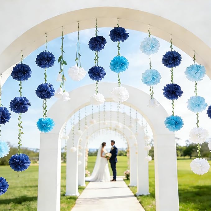 Sahoottie 2 Pc White and Blue Hanging Paper Flower Garland, 8.2 FT Ombre Tissue Paper Flower Garland, Blue Pom Pom Garland for Beach Wedding Backdrop Ocean Themed Party Bridal Shower