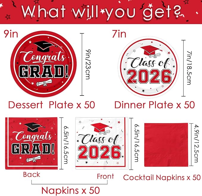 Graduation Party Plates and Napkins Red Class of 2026 Grad Congrats Party Supplies Disposable Dessert Paper Plates Cocktail Napkins forGraduation Party Decorations,Serve 50