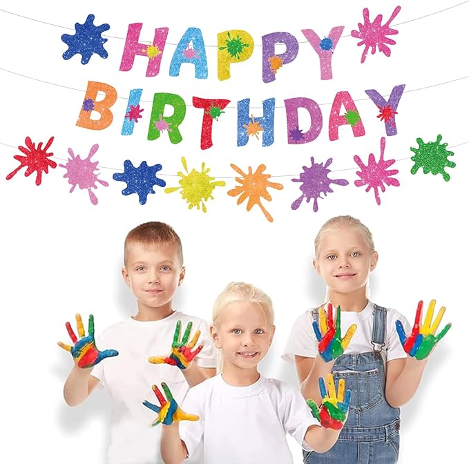 Zwiebeco Colorful Graffiti Paint Art Happy Birthday Banner Hanging Paper Sign for Girls Boys Kids Adults Party Decoration Supplies