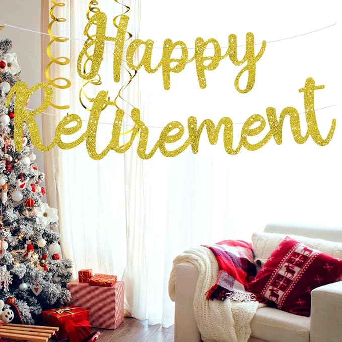 BEISHIDA Gold Glitter Happy Retirement Banner -NO DIY, Pre-Strung Happy Retirement Banner Decoration for Women & Man, Party Supplies