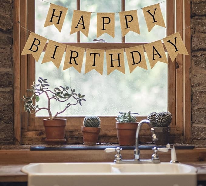 Happy Birthday Banner - Burlap Black Happy Birthday Sign - Neutral Birthday Party Decorations for Man/Woman/Boy/Girl