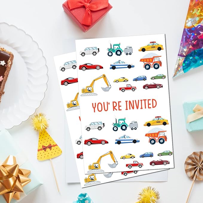 Soiceu Cute Transportation Birthday Invitations with Envelopes Set of 20 Cars Truck Vehicle Birthday Party Invites for Boys Girls